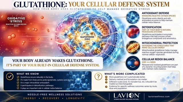 Glutathione antioxidant research involving oxidative stress, cellular defense, detoxification and mitochondrial health