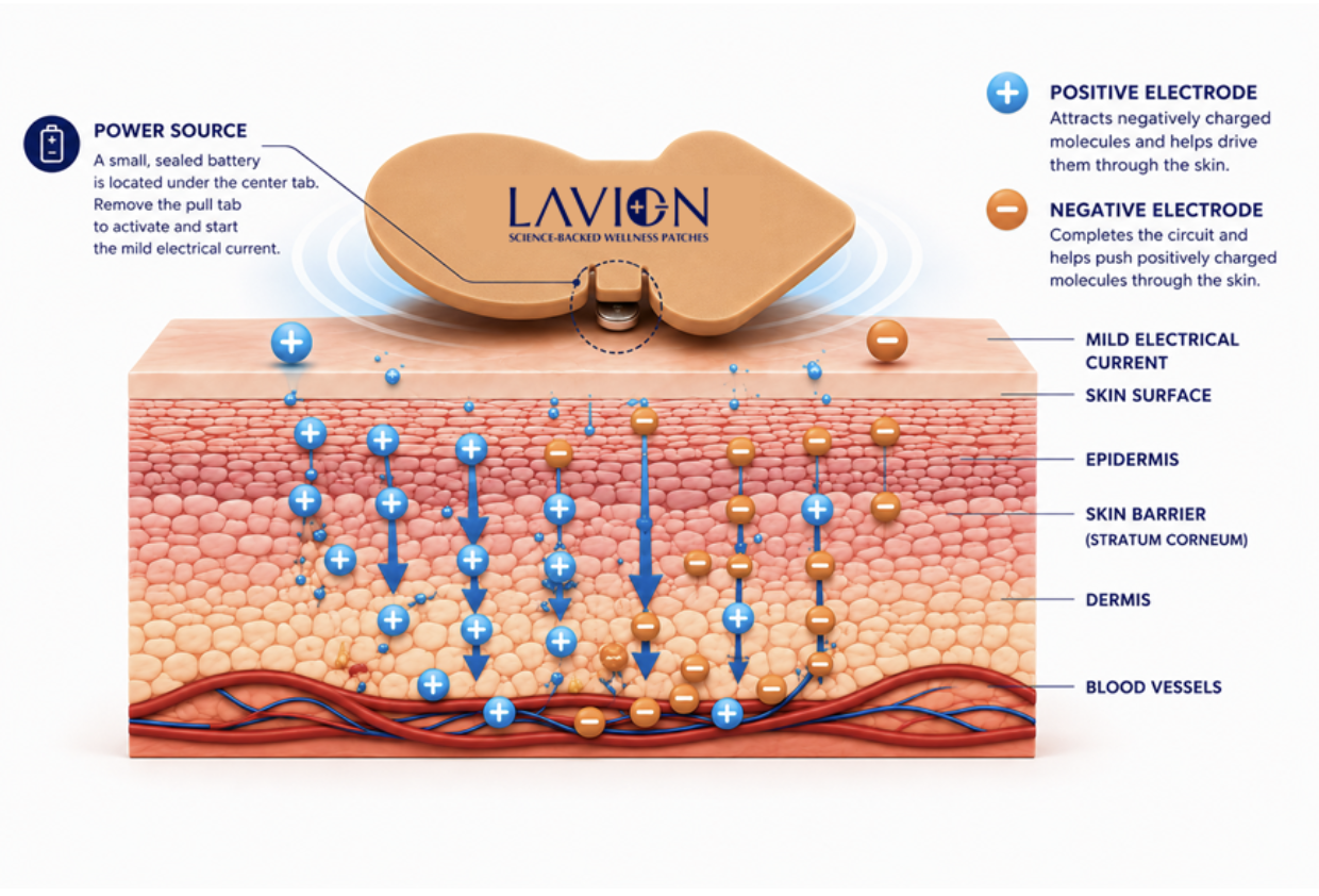 Infographic: How LavION works — iontophoresis-assisted transdermal peptide delivery across the skin barrier