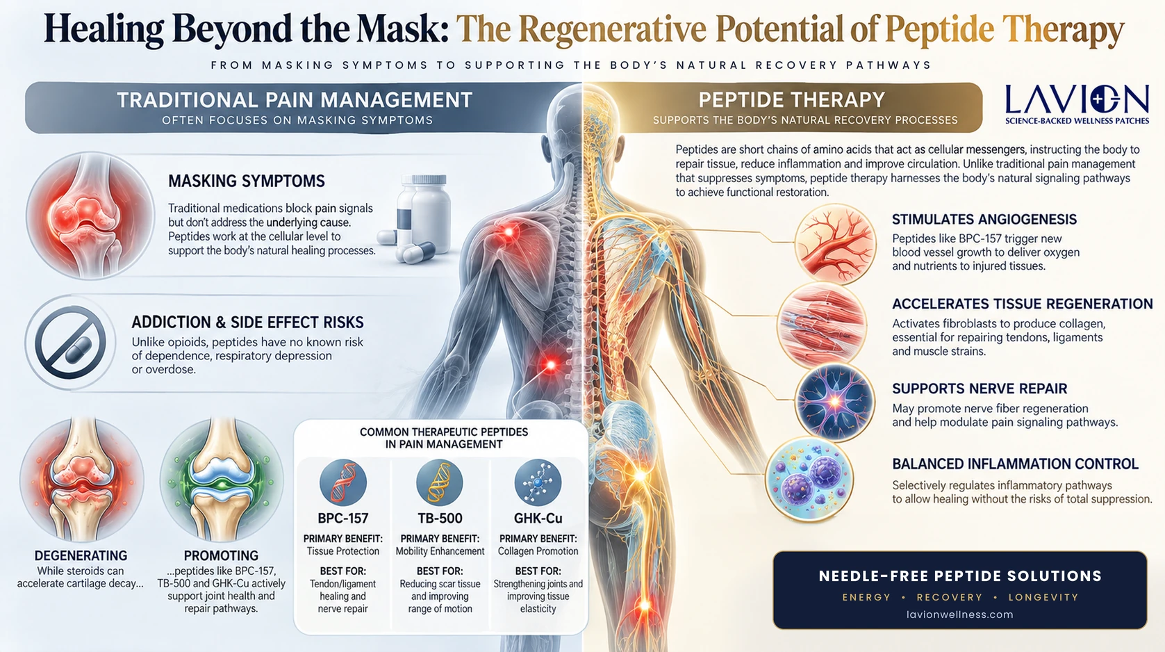 Infographic contrasting traditional pain management with peptide therapy, showing how BPC-157, TB-500 and GHK-Cu support tissue repair, collagen, nerve repair and inflammation control — LavION needle-free peptide solutions