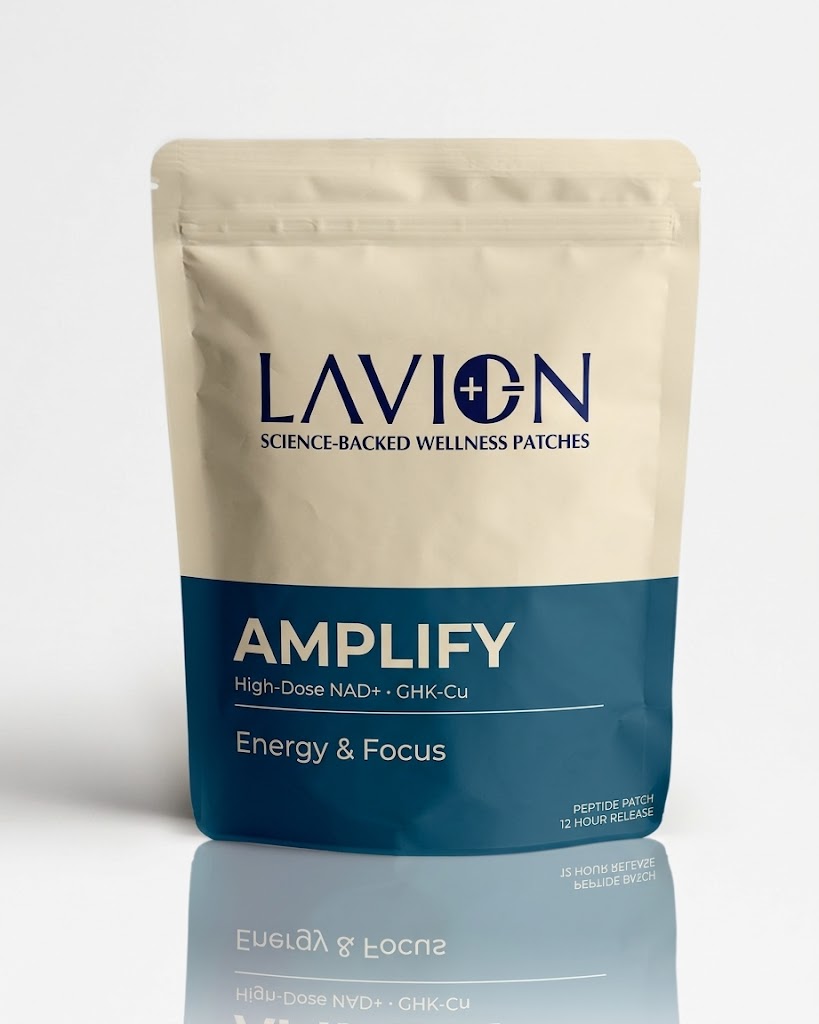LavION AMPLIFY patch packaging featuring high-dose NAD⁺ and GHK-Cu for energy and focus, emphasizing science-backed wellness solutions.