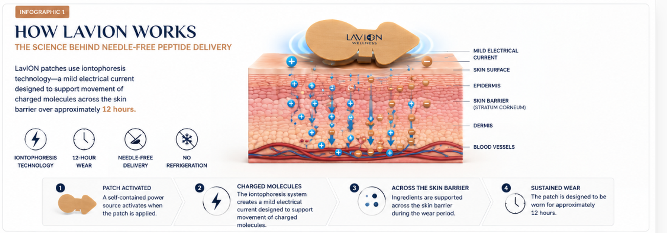 Infographic: How LavION works — iontophoresis-assisted transdermal peptide delivery across the skin barrier